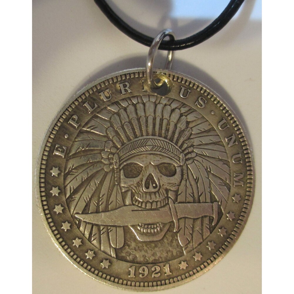 1921 Hobo Morgan Dollar Coin Indian Skull with Knife - Fantasy Coin,  Necklace